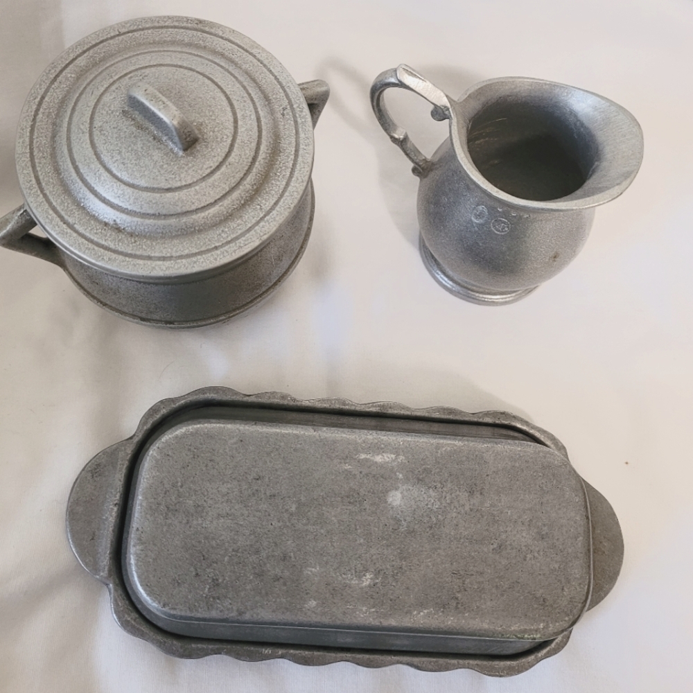 Vintage Pewter Set of Butter Dish, Creamer, and Sugar Bowl.